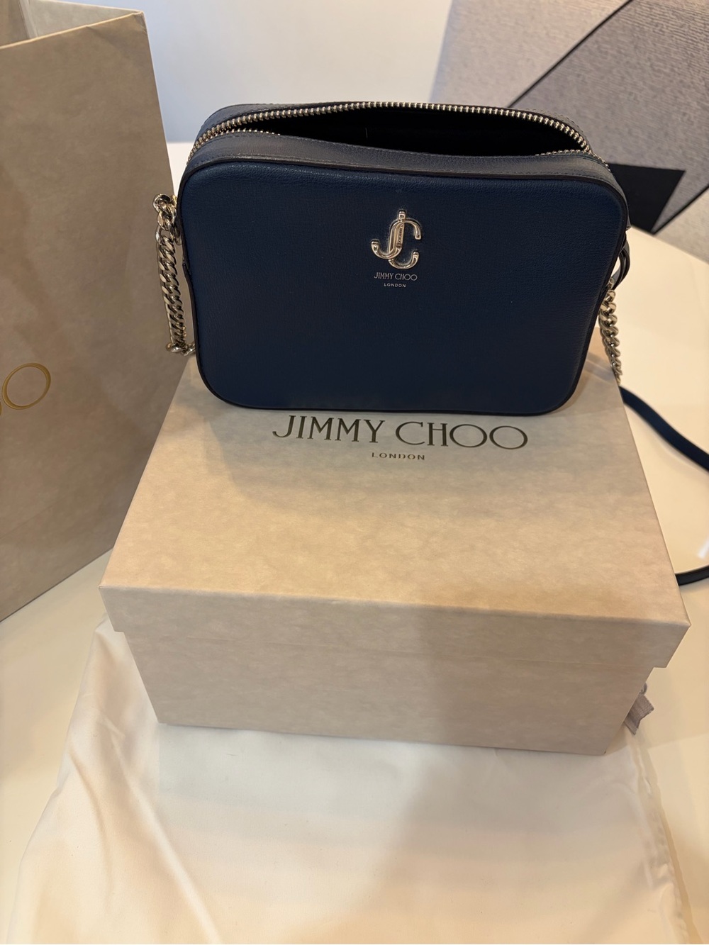 Jimmy Choo Navy Leather Shoulder Camera Bag with Silver Chain